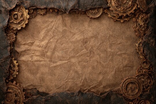 Ornate steampunk border of distressed gears and torn parchment paper