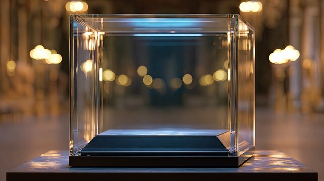 Empty glass display case with internal light, set in a dimly lit, ornate hall