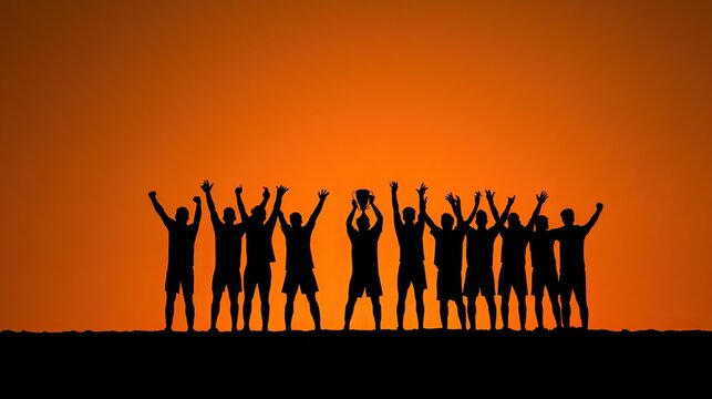 Silhouetted figures celebrating triumph against a vibrant sunset sky