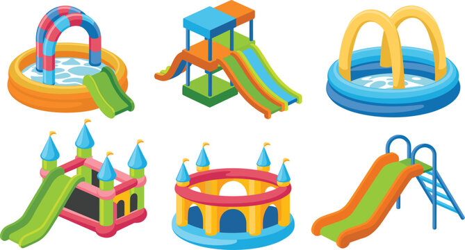 Inflatable water park and bouncy castle vector icon collection with colorful kids slides rainbow pool frog slide and bridge elements for summer birthday party entertainment assets