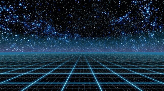 Digital grid stretches to a starry, cosmic horizon under blue sky