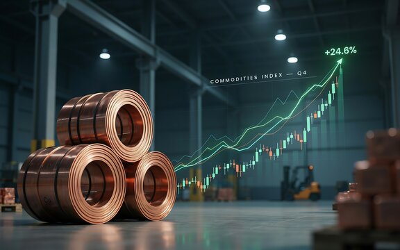  Industrial copper wire coils with rising green financial chart for commodity market growth and metal trading concept