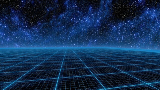 Vast digital grid stretches to a starry, cosmic expanse