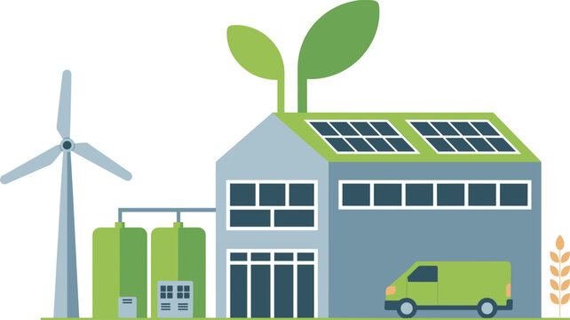 Sustainable smart factory infrastructure flat vector design featuring industrial solar rooftops wind generator systems and zero emission logistic delivery vehicle transportation