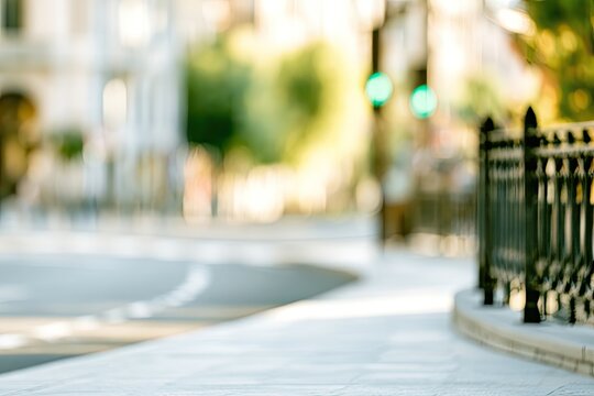 Sunlit urban sidewalk with a wrought iron fence, blurry street, traffic lights
