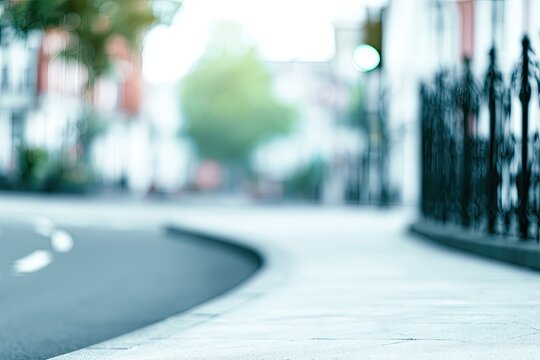Blurred city street scene with pavement, curb, and ornate fence