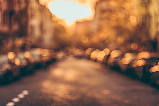Soft-focus street scene with rows of parked vehicles illuminated by warm, hazy light