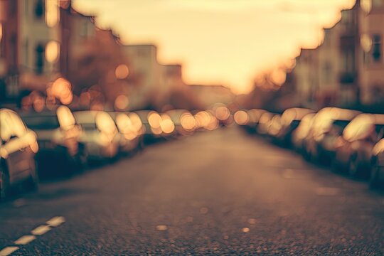 Soft focus street scene with parked cars lining an empty road at sunset