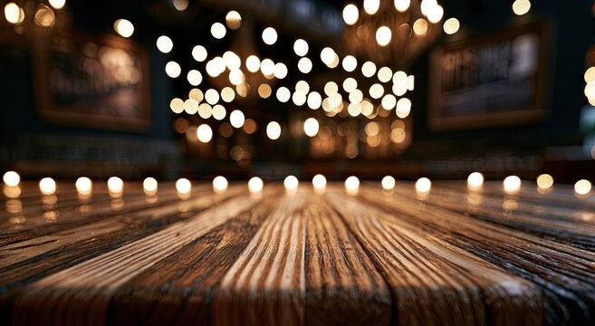 Rustic wooden table in foreground, warm bokeh lights create atmospheric indoor setting