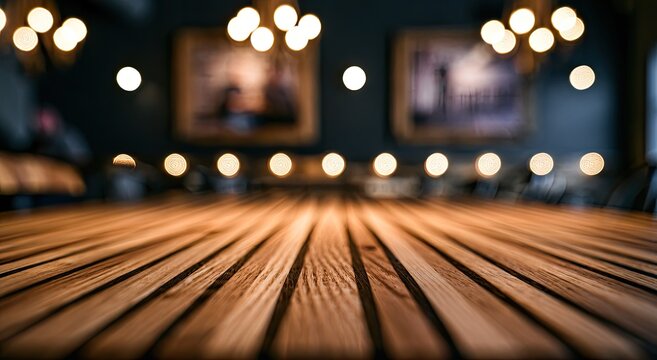 Empty wood table with soft overhead lights and framed art in background