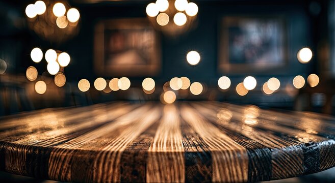 Close-up of a textured wooden table, warm bokeh lights in blurred background