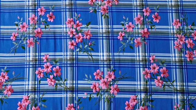 Vibrant blue plaid fabric adorned with delicate pink floral sprigs