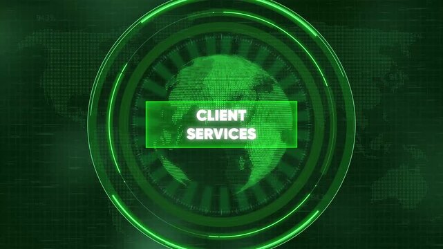 Client services digital hud interface with rotating earth globe and green tech background
