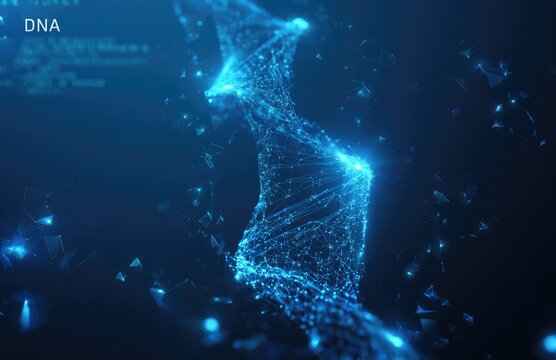 Glowing, intricate, digital DNA helix with abstract particles and data