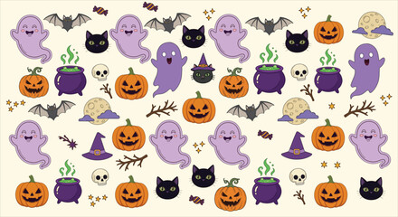 Fototapeta premium Cute seamless pattern background with cartoon ghosts, pumpkins, black cats, witch cauldrons, and bats for Halloween celebration.