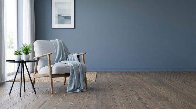 Cozy armchair with blanket in modern minimalist blue room interior