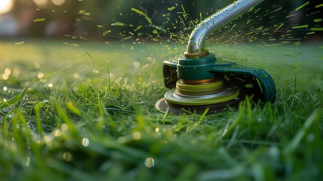 Close-up of a string trimmer head spinning and cutting grass in a lush garden with motion blur and sunlight reflections on the green blades