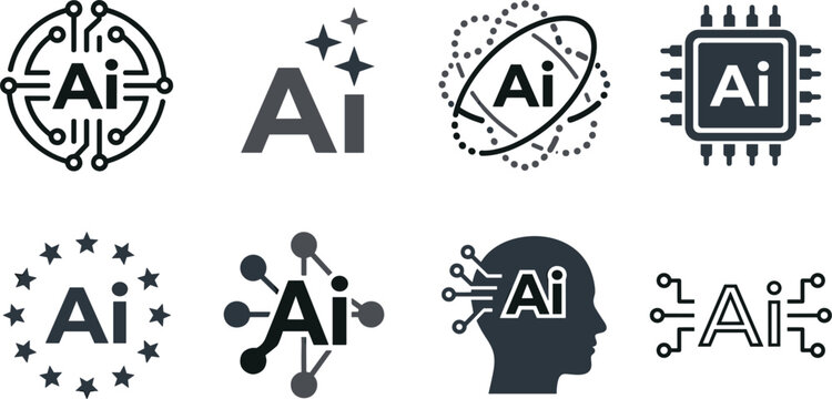 Artificial intelligence Ai technology icon set featuring network nodes human brain circuit microchip and cybernetic computing vector elements.