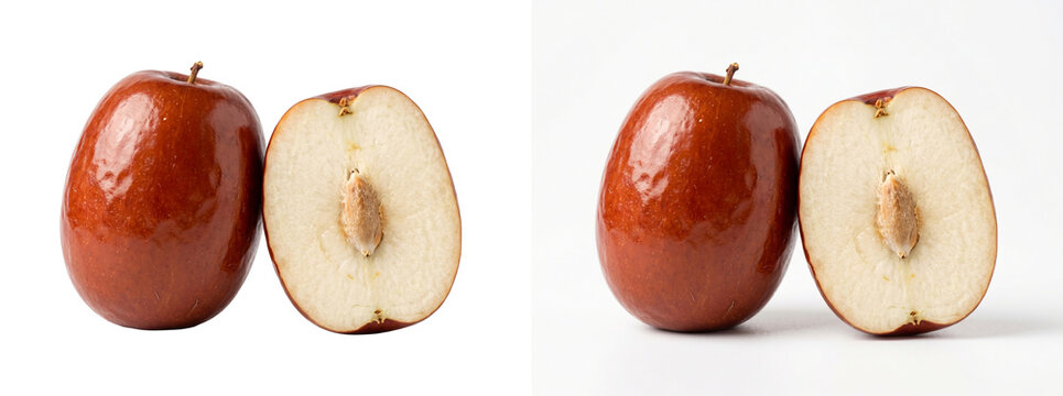 Fresh red jujube fruit with cross section, ripe Chinese date on white background, organic Ziziphus jujuba for healthy food packaging and herbal medicine