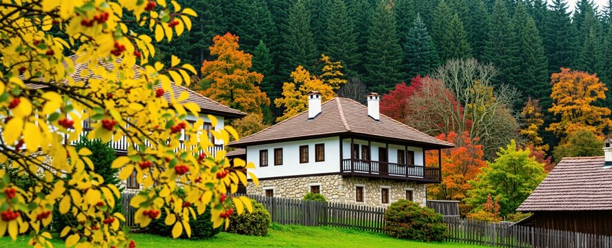 Bulgaria autumn landscape features traditional white stone houses with tiled roofs. Vibrant yellow, red tree foliage fills mountainside forest background. Rural village scenery offers scenic