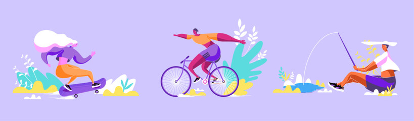 Fototapeta premium Playful hobby activity cycling skateboarding fishing vector distorted illustration