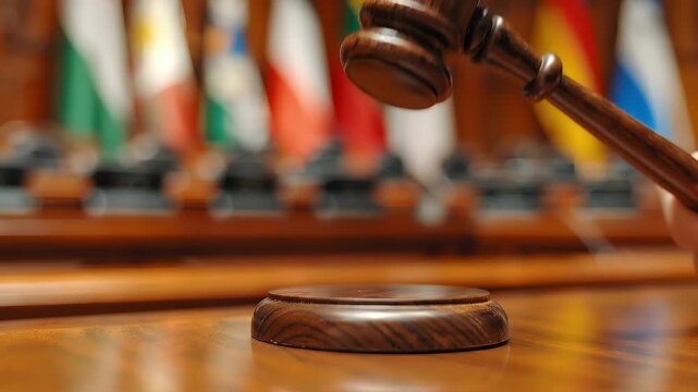 Wooden gavel striking sounding block in courtroom