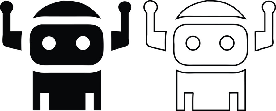 Cute intelligence robot character or artificial ai assistant chatbot silhouette and outline icon set isolated on white background