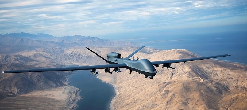 High Orbit Military Reconnaissance Unmanned Aerial Vehicle Operating Over Remote Mountain Scenery
