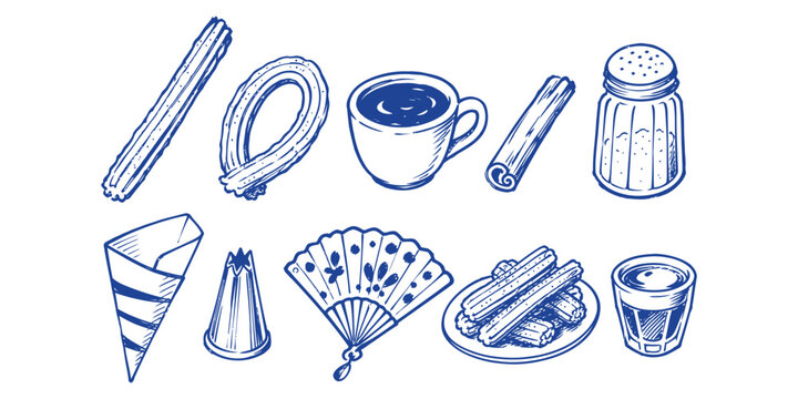 churros spanish dessert food element collection hand drawn doodle icon set vector illustration