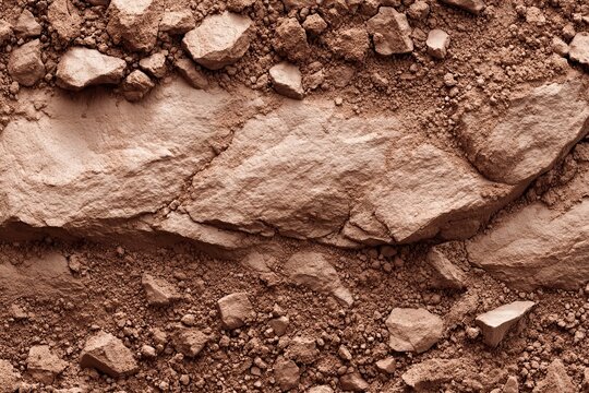 Natural ground dirt texture with crushed rocky formations outdoors and earthy brown macro surfaces.