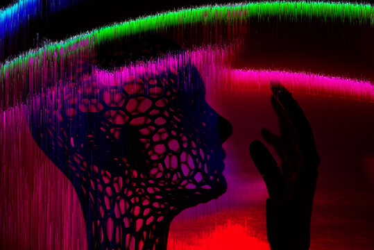 Futuristic robot avatar in neon cyberspace with glitch effect