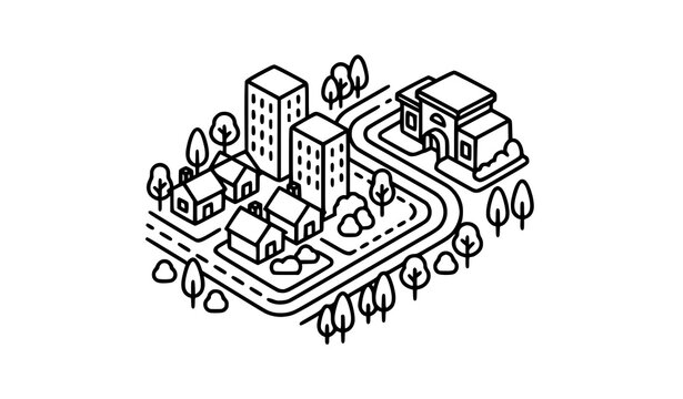 Township Linear Icon with Homes, Trees and Urban Infrastructure Vector Illustration