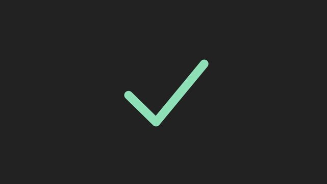 Green hand drawn tick mark drawing itself with a satisfying pop on a dark background, looping element for screen or add blend modes