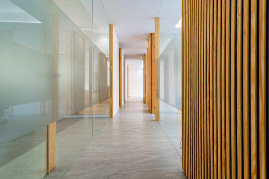 Glass walls in corridor at medical clinic