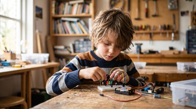 Young boy focused on building an electronic circuit project in a home workshop.