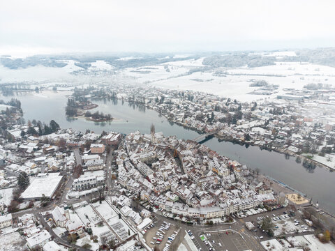 Switzerland, Canton of Schaffhausen, Stein am Rhein, Aerial view of medieval town in winter