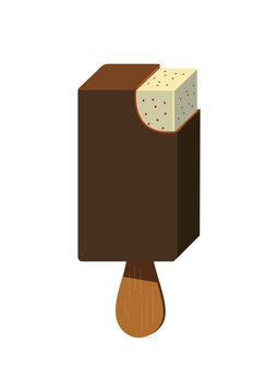 Chocolate ice cream bar with a bite mark sits on a wooden stick against a clean white background.