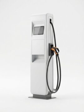 A large electric vehicle charging station stands alone in a bright space. This station offers fast charging for electric vehicles.
