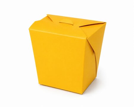 Bright yellow paper takeout box isolated on a white background. Colorful blank cardboard food container mockup for noodle delivery, street food branding, and commercial restaurant packaging presentati