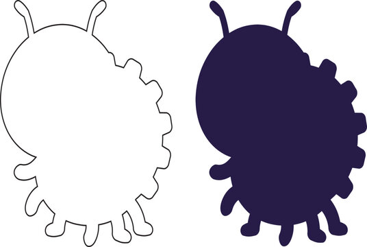 Cute cartoon beetle silhouette and outline vector graphic with silhouette creature insectoid wildlife creative entomology isolated illustration stencils contrast blackandwhite artistic