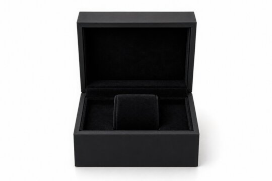 Empty luxury black watch box with velvet interior and pillow, isolated on white background for mockup and commercial presentation.