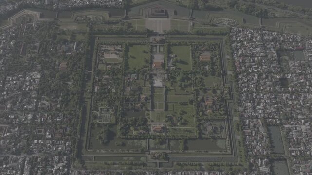 Aerial drone view of Hue Imperial Citadel featuring Ngo Mon Gate, Thai Hoa Palace and Kien Trung Palace, showcasing Vietnam's UNESCO royal heritage, ancient architecture and cultural landmark. D log m