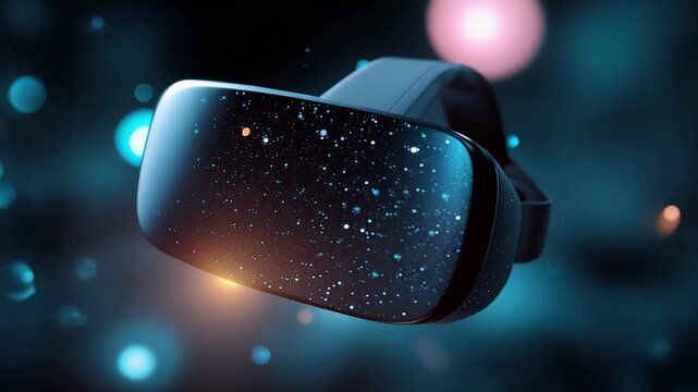 Close-up of a virtual reality headset with starry reflections