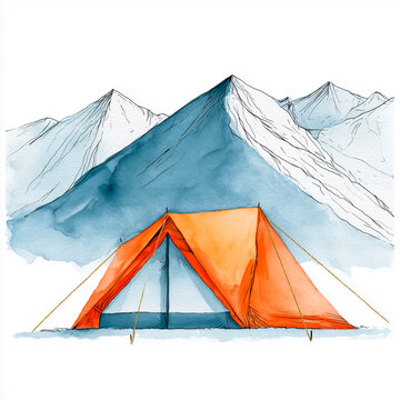 Adventure Camping Tent Watercolor Illustration with Mountain Landscape and Gold Accents