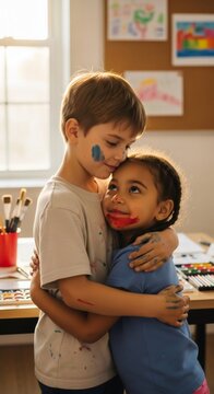 Boy and girl covered in paint hugging affectionately after creating artwork. Childs pure love and friendship bonding.