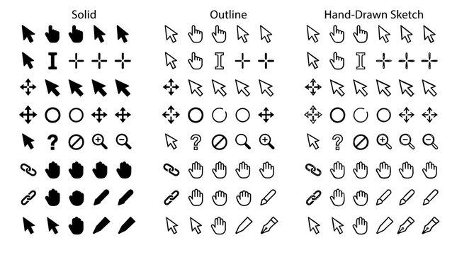 Computer Mouse Cursor Pointer Icons Set in Solid, Outline and Hand Drawn Sketch Styles