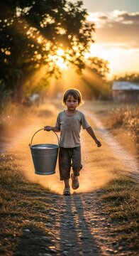 Child carrying a bucket of water down a dusty path at sunset. Rural life and the concept of hardship, responsibility and childhood challenges.