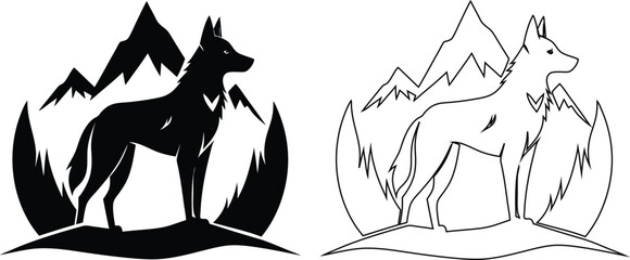 Wolf or dog silhouette and outline logo set with mountains isolated on a white background © RoshonAra