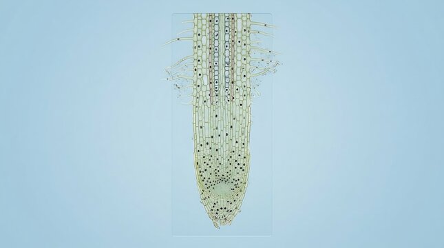 Microscopic Longitudinal Section of a Plant Root Tip Showing Cellular Structure and Root Hairs