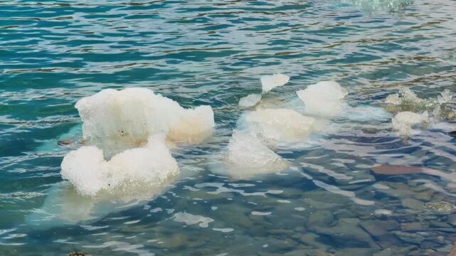 4K Closeup shot of iceberg floating on lake water of Ghepan Ghat Lake during the summer season due to melting of glacier near Sissu village in Lahaul, India. Glacier breaks due to global warming.
